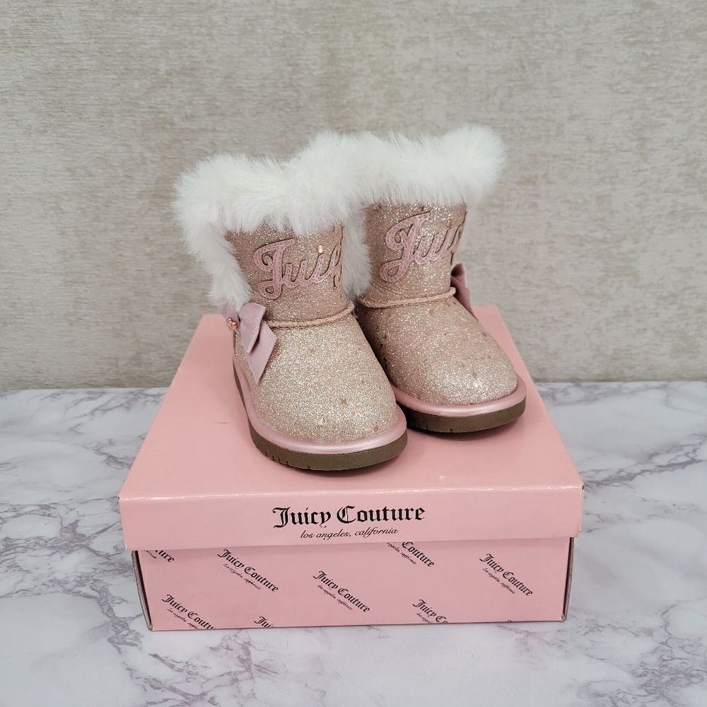 Juicy Couture Lil Windsor Blush Glitter Girls Pink Sparkly Faux Fur Boots Size 5